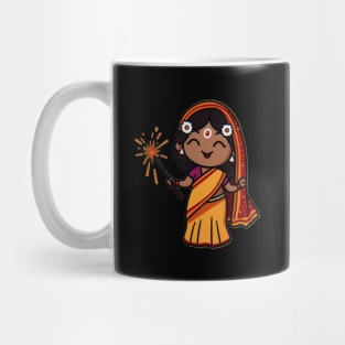 Graceful Celebration: Indian Woman in Traditional Attire with Fireworks Mug